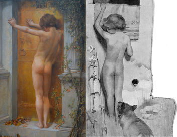 Comparison - left, Anna Lea Merritt (1844-1930) - Love Locked Out (1889), Tate Britain, June 2012 - right, Cecil Aldin (1870-1935) - Mowgli Felt a Touch on his Foot (illustration from Letting In the Jungle by Rudyard Kipling, 1894) - image gratuit #317773